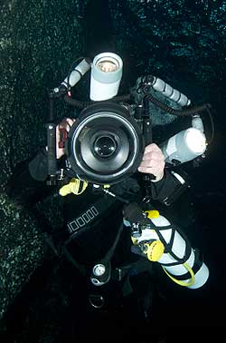 Mergulhador tira fotos subaquáticas usando uma SLR, dois estroboscópios e uma lente olho de peixe